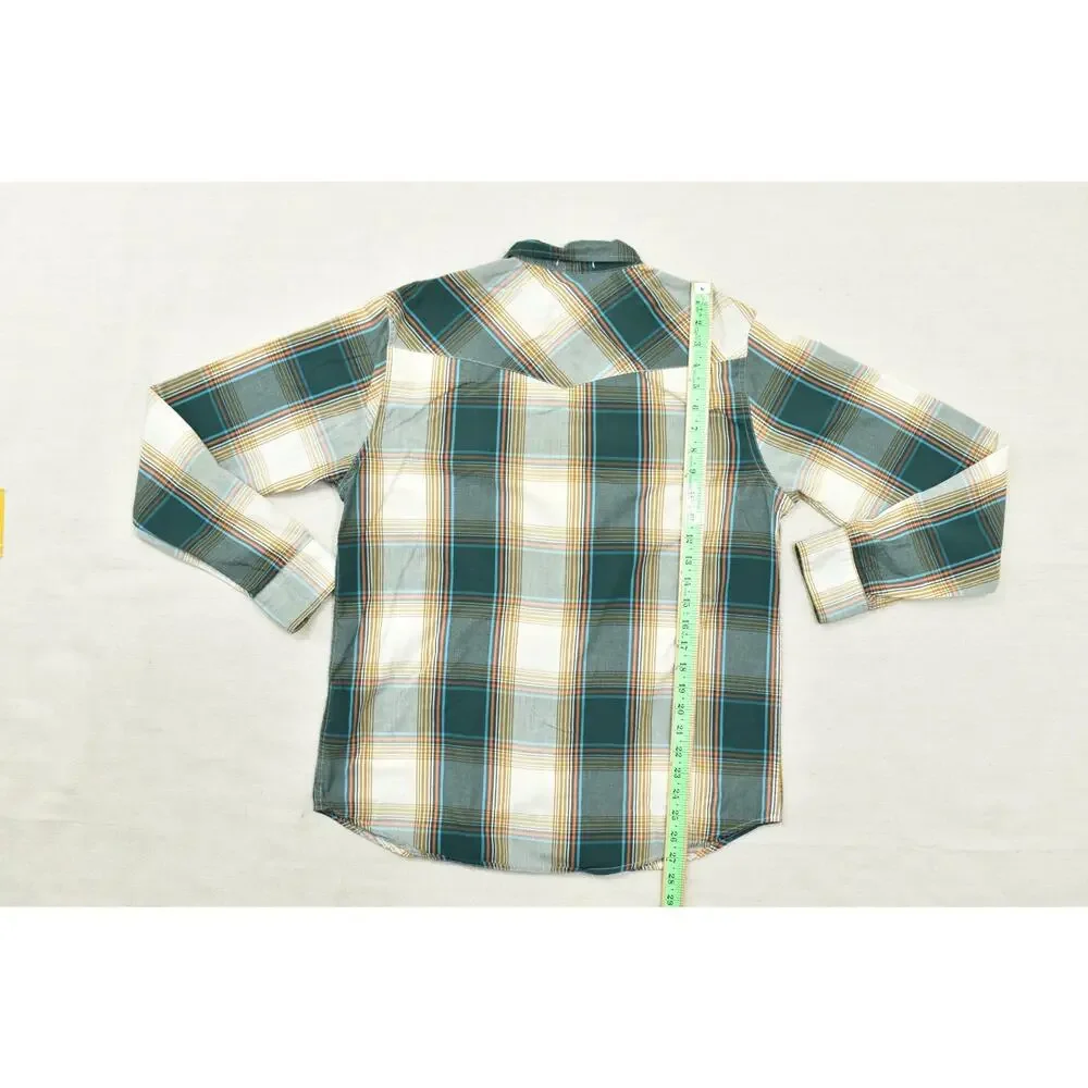 Levi's Western Pearl Snap Shirt Mens Medium Green Orange Plaid Long Sleeve Stand